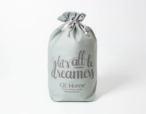 Front view of our reusable Gift Bag with ribbon string enclosure and "Let's All Be Dreamers" written in cursive over the front.