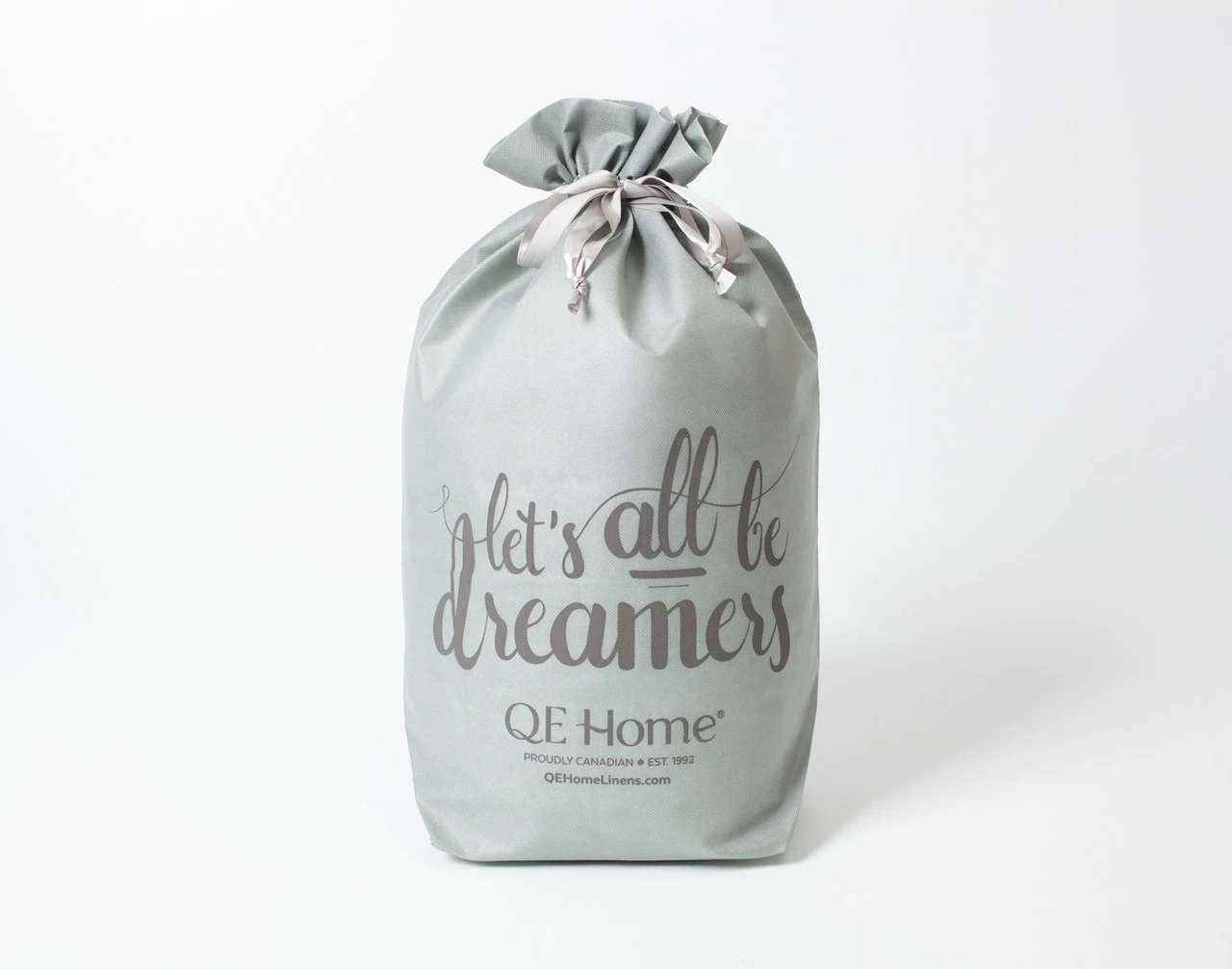 Front view of our reusable Gift Bag with ribbon string enclosure and "Let's All Be Dreamers" written in cursive over the front.
