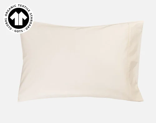 Front view of our Undyed & Unbleached Organic Cotton Sateen Pillowcase sitting against a solid white background.