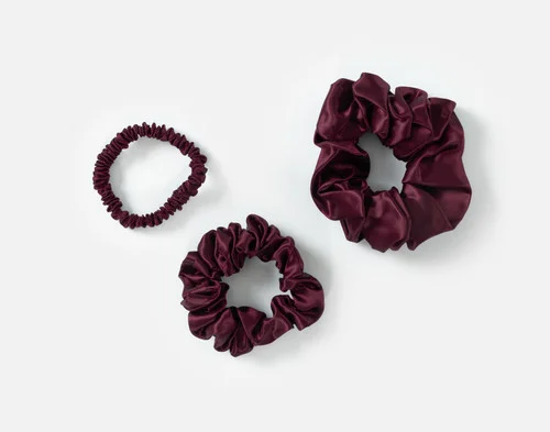 Top view of the small, medium and large scrunchies in our Purple Mulberry Silk Scrunchie Set.