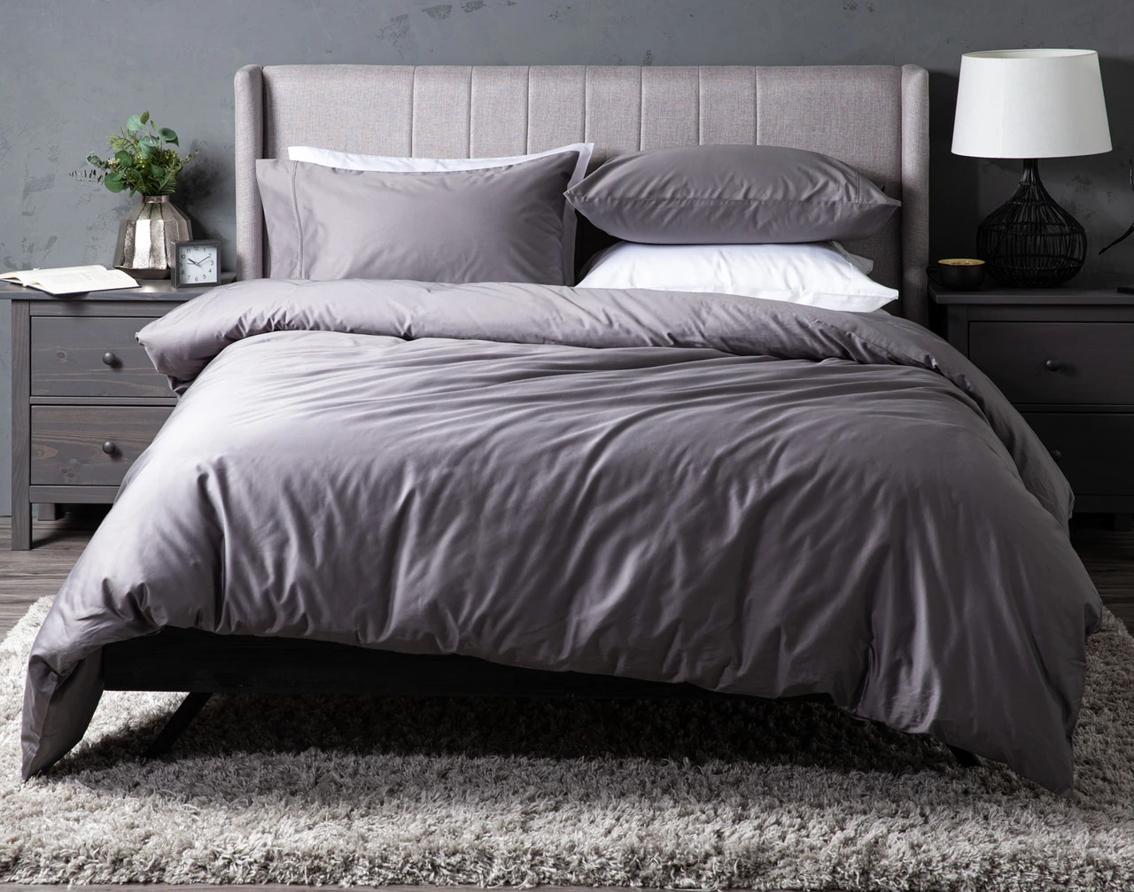 Front view of our Greywhale Dream Sateen Duvet Cover Set dressed over a grey bed.