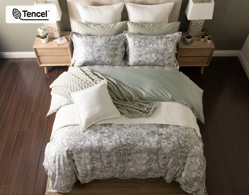 Top-down view of our Elora collection dressing a queen bed with accessories.