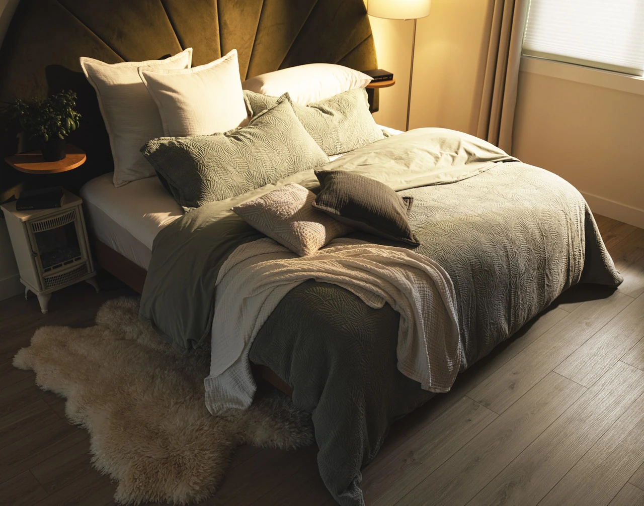 Our Matosa Duvet Cover dressing a queen bed with matching accessories.