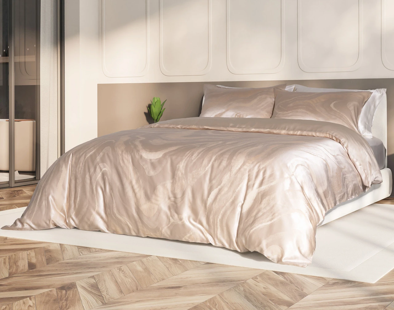 Our Solace Silk Blend Duvet Cover Set dressed over a large bed in a sunlit bedroom.