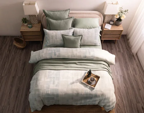 Top view of our Palette Duvet Cover over a plain queen bed.