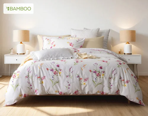 Front view of our Delicata collection dressing a queen bed with yellow accessories.