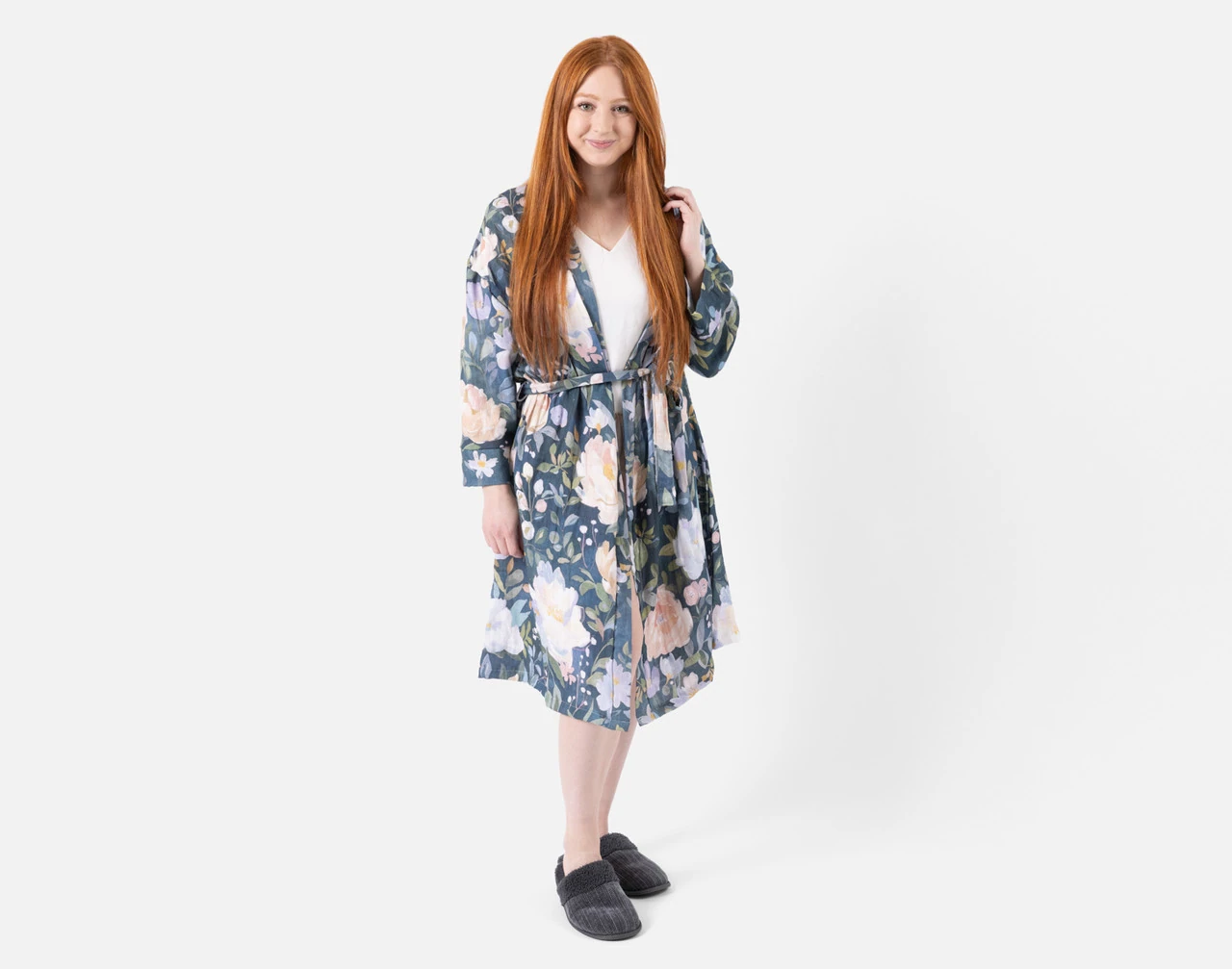 Front view of a woman wearing our Bamboo Cotton Gauze Bathrobe in Blue Violet.