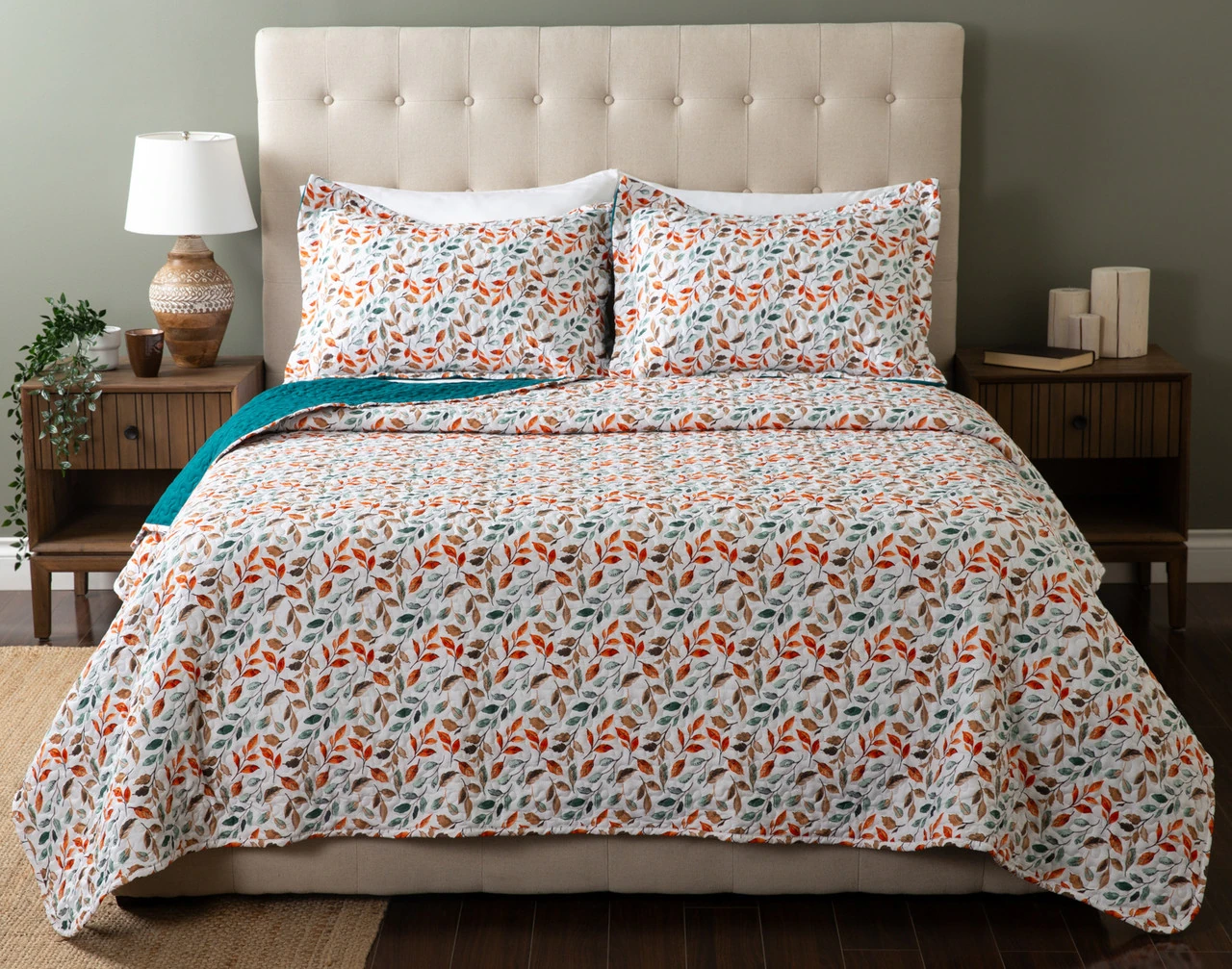 Front view of our Autumn Drift Coverlet Set dressed over a plain queen bed.