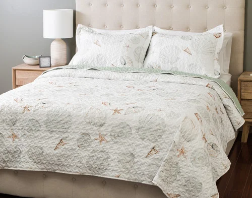 Angled view of our Shoreline Coverlet Set dressed over a plain queen bed.