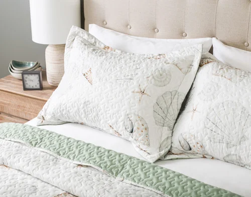 Angled view of the coordinating pillow shams from our Shoreline Coverlet Set.