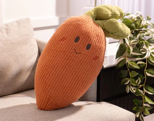 Our Carrot Cushion lying on a couch.