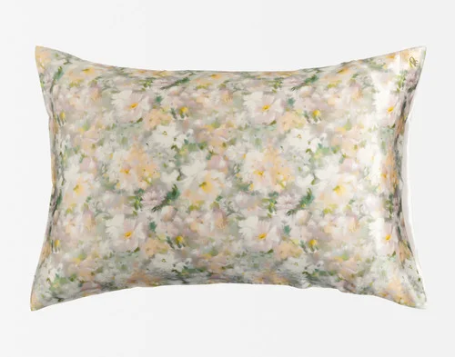 Our Mulberry Silk Pillowcase in Ruthana sitting against a solid white background.