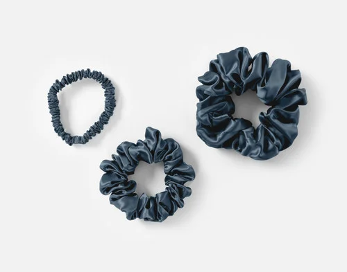 Top view of the small, medium and large scrunchies in our Blue Mulberry Silk Scrunchie Set.