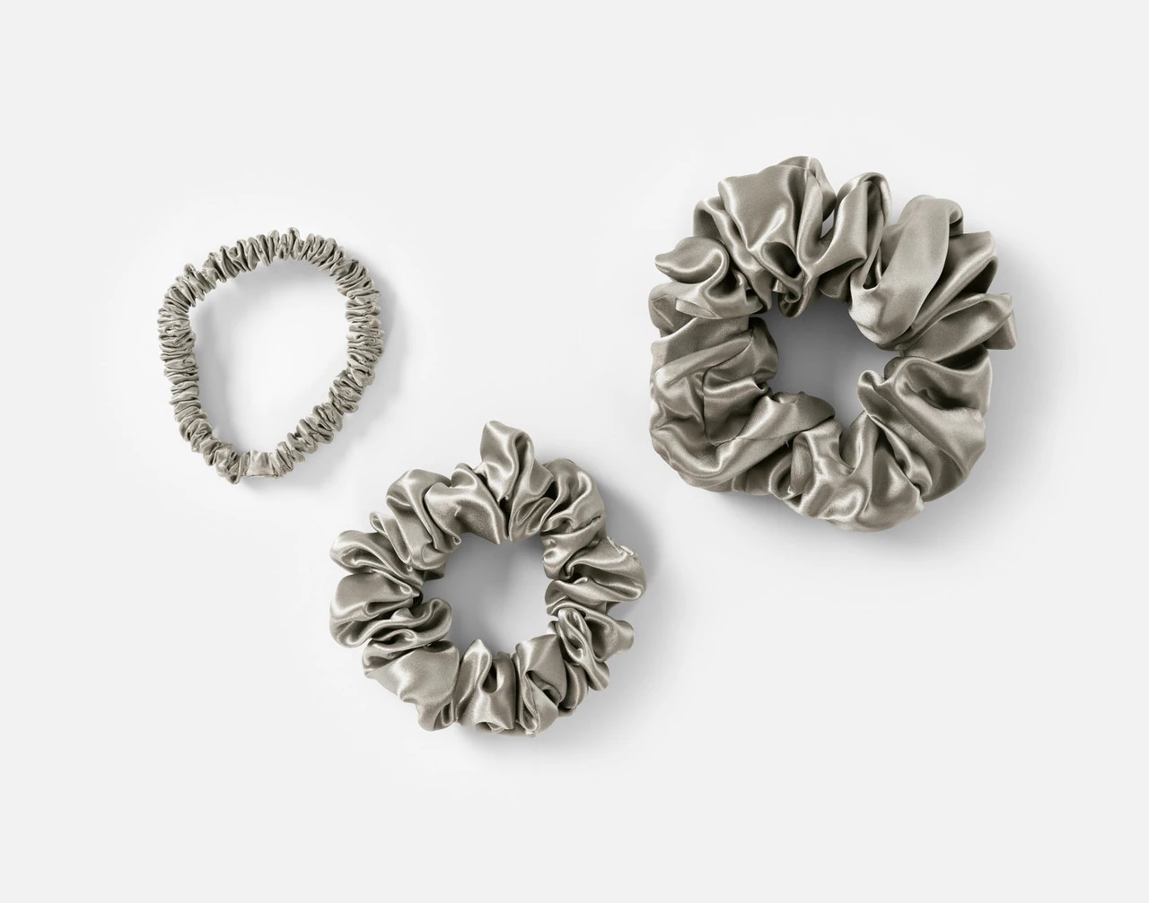 Top view of the small, medium and large scrunchies in our Latte Mulberry Silk Scrunchie Set.