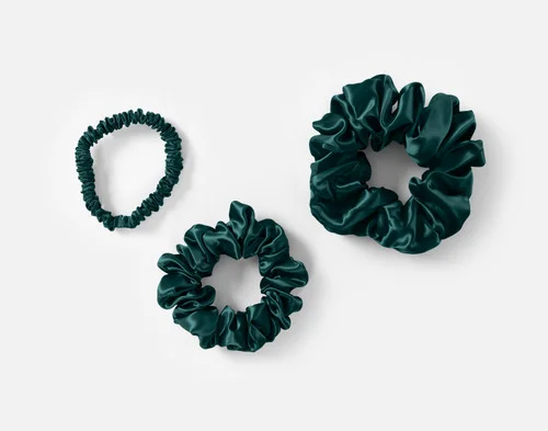 Top view of the small, medium and large scrunchies in our Green Mulberry Silk Scrunchie Set.