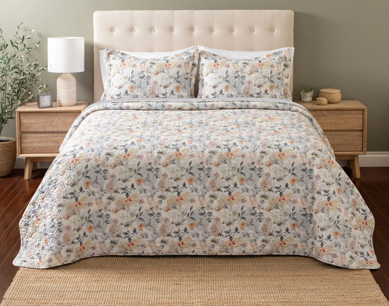 Front view of our Morland Coverlet Set dressed over a plain queen bed.