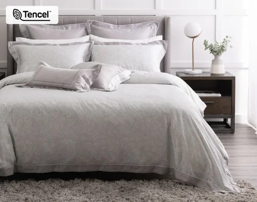 Front, off-centre view of our Sterling Duvet Cover and matching accessories.