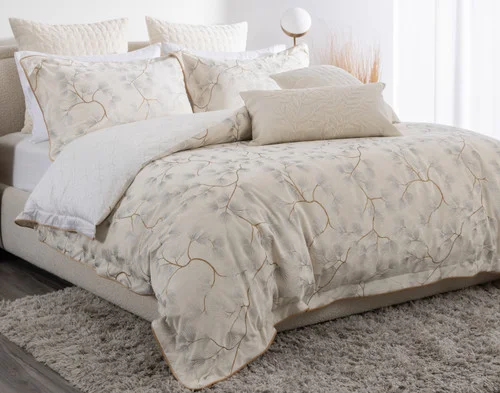 Angled view of our Silverbough Duvet Cover and matching accessories.