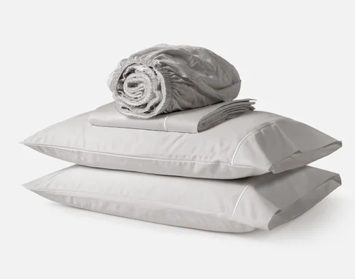 Front view of the contents for our Grey Mist Luxor Egyptian Cotton Sheet Set tidily folded on a solid white background.