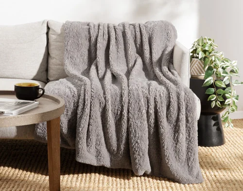 Front view of our Ashwood Poodle Faux Fur Throw draped over a couch.