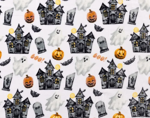 Close-up of the Halloween-themed design on our Haunted Mansion Halloween Fleece Throw.