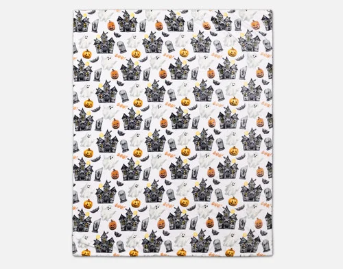 Full view of our Haunted Mansion Halloween Fleece Throw over a white ground.