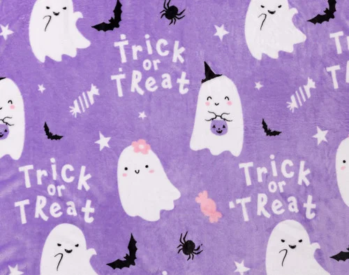 Close-up of the Halloween-themed design on our Trick or Treat Halloween Fleece Throw.