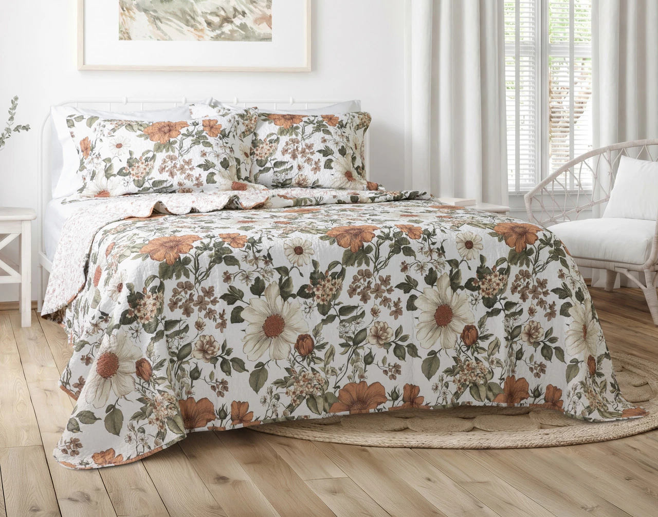 Our Carmine Cotton Quilt Set dressing a queen bed in a modern bedroom.