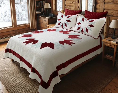 Front view of our Noelle Wreath Quilt Set dressed over a queen bed in a cabin bedroom.