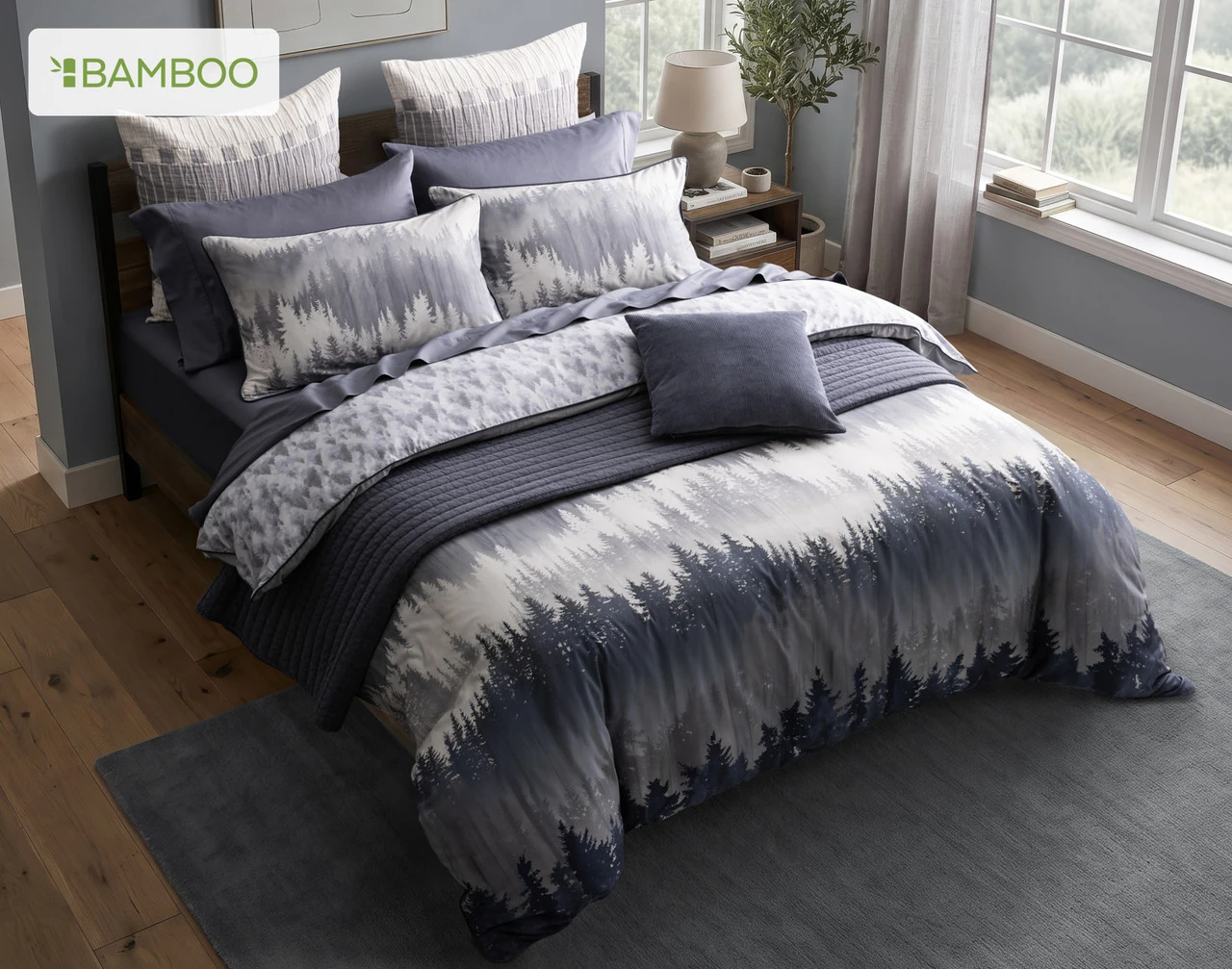 Angled view of our Mountainscape Duvet Cover dressed over a queen bed in a lightly decorated modern bedroom.