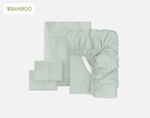 All the elements of our Bamboo Cotton Sheet Set in Aqua Smoke folded into squares on a white background.
