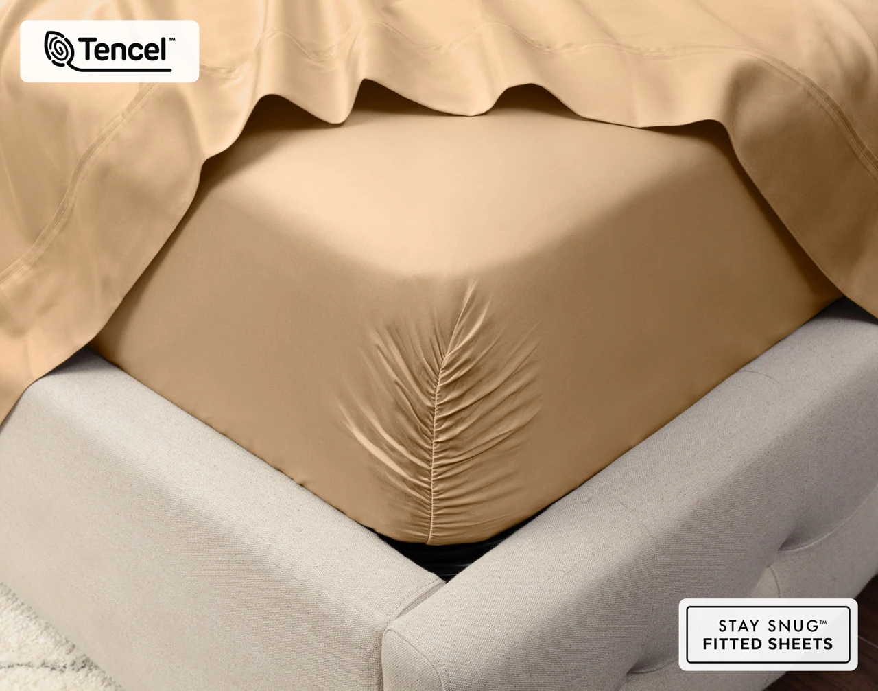 Close-up on the corner of a mattress with our Eucalyptus Luxe Fitted Sheet in Sandalwood to show its snug fit.