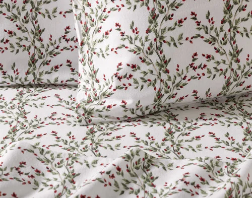 Close-up of the pillowcases and flat sheet of our Rosehip Grove Organic Cotton Flannel Sheet Set.