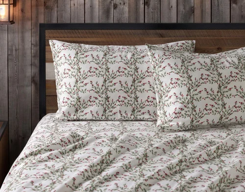 Front view of two pillowcases from our Rosehip Grove Organic Cotton Flannel Sheet Set resting against a headboard.