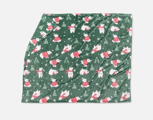 Our Holiday Fleece Throw - Snowy Bears lying with a fold against a white background.