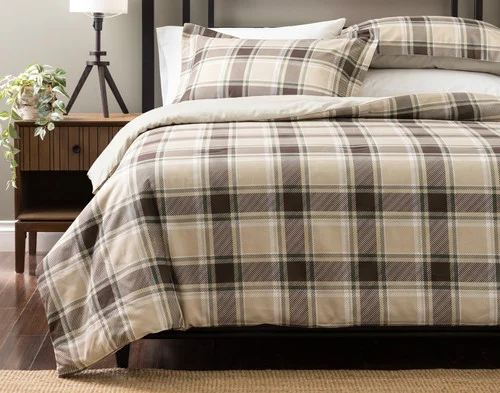 Front view of our Timberline Cotton Flannel Comforter Set dressed on a cabin-style queen bed.
