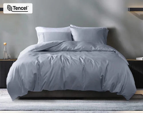 Front view of our Cliffside Eucalyptus Luxe Duvet Cover Set dressed over a plain queen bed.