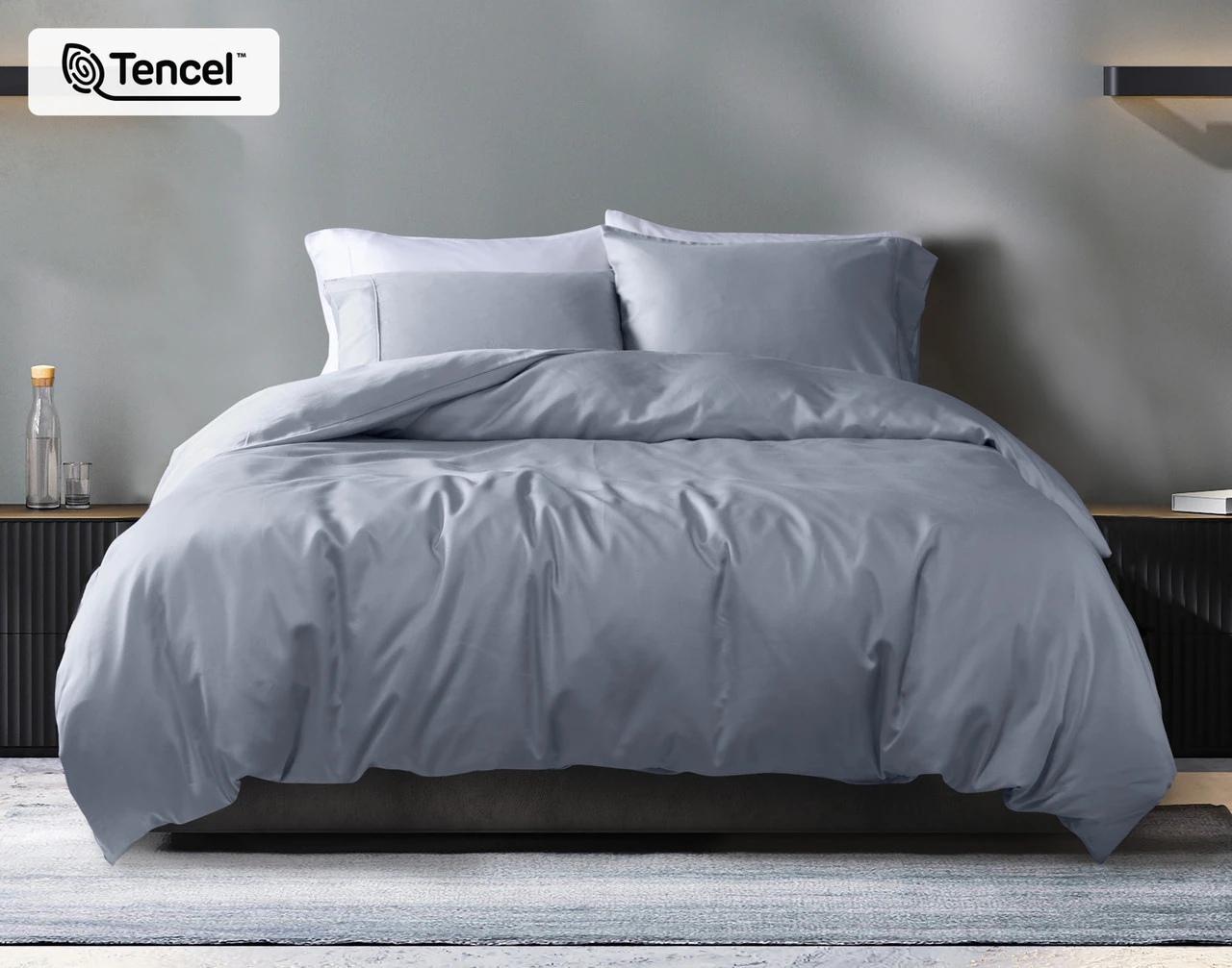 Front view of our Cliffside Eucalyptus Luxe Duvet Cover Set dressed over a plain queen bed.