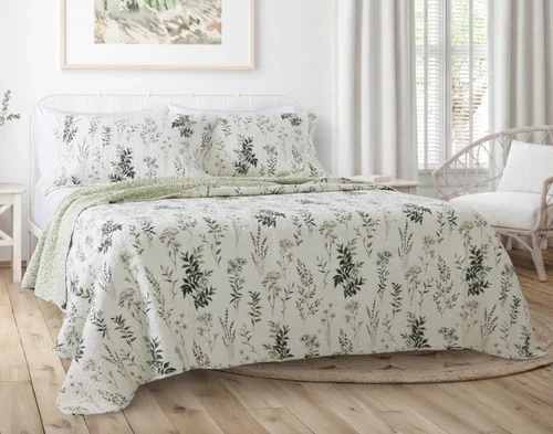 Front view of our Fairfield Cotton Quilt Set in a brightly lit bedroom.