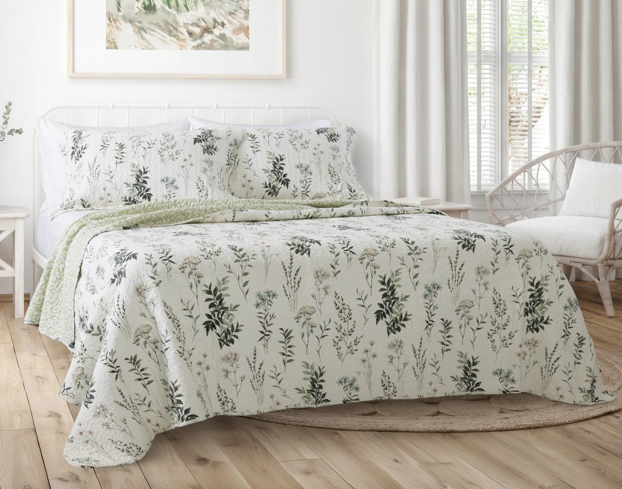 Front view of our Fairfield Cotton Quilt Set in a brightly lit bedroom.