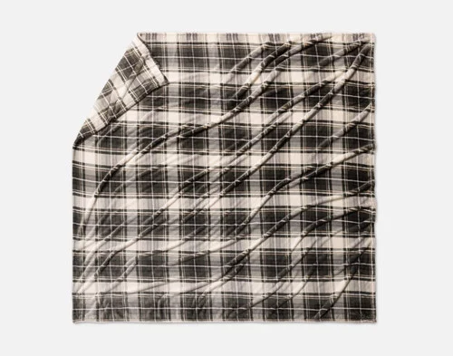 Full view of our Pine Plaid Blanket spread over a solid white background.