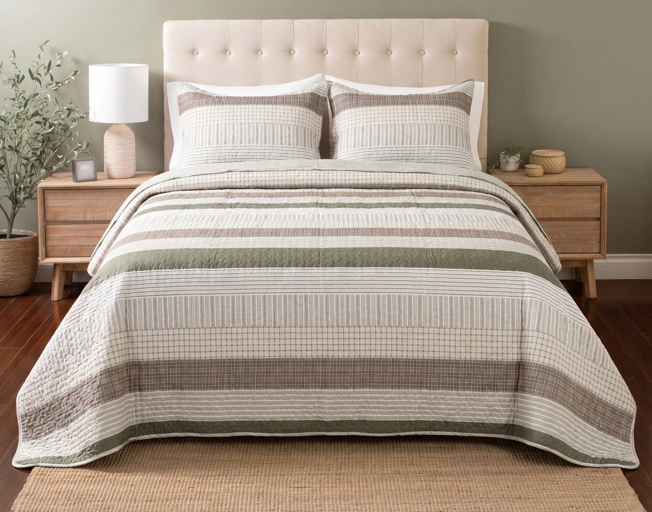 Front view of our Stratton Coverlet Set dressed over a plain bed.