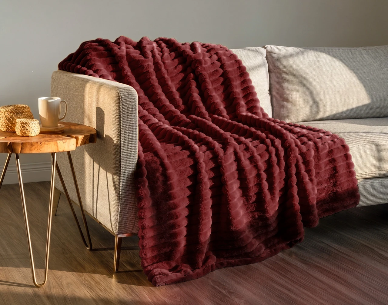 Our Channel Plush Throw - Mulled Wine draped over a grey couch.