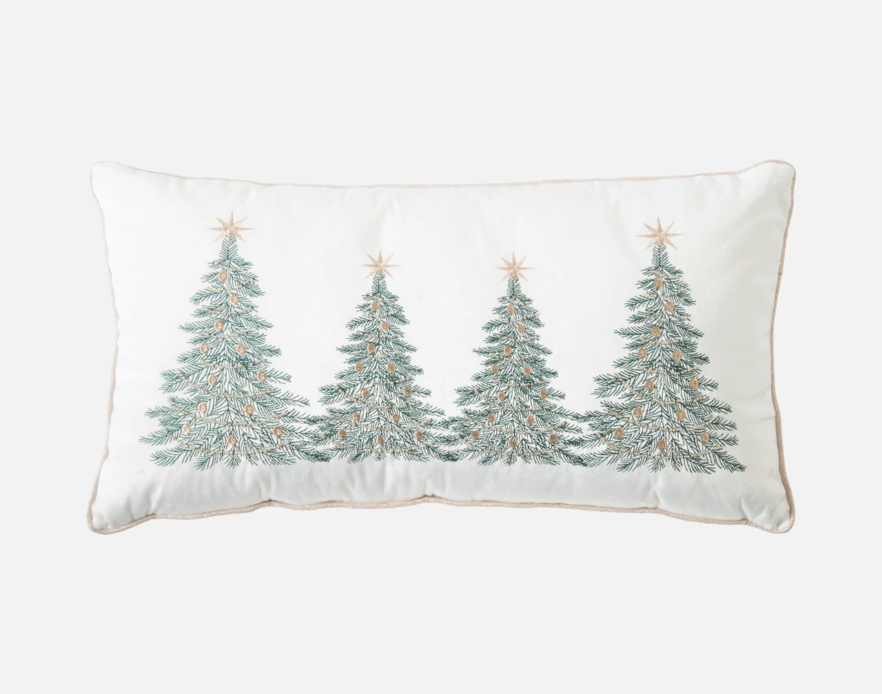 Front view of our Deck the Pines Holiday Boudoir Cushion against a white background.