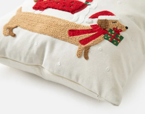 Close-up of our Evergreen Paws Holiday Square Cushion.
