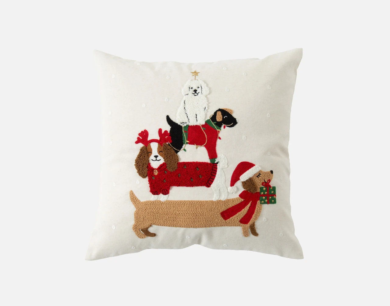 Front view of our Evergreen Paws Holiday Square Cushion against a white background.