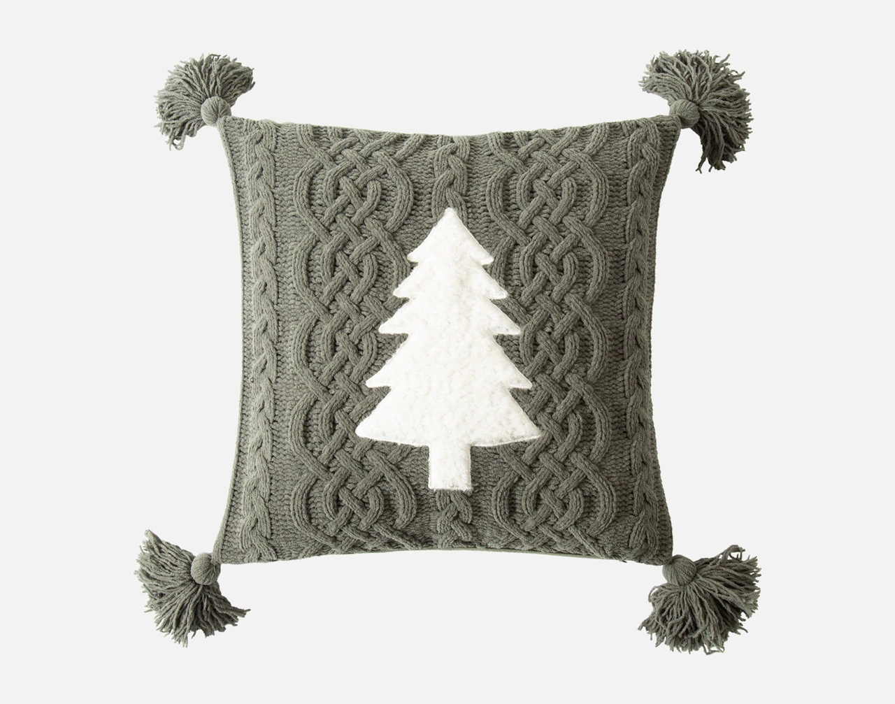 Front view of our Snowpine Holiday Square Cushion over a solid white background.