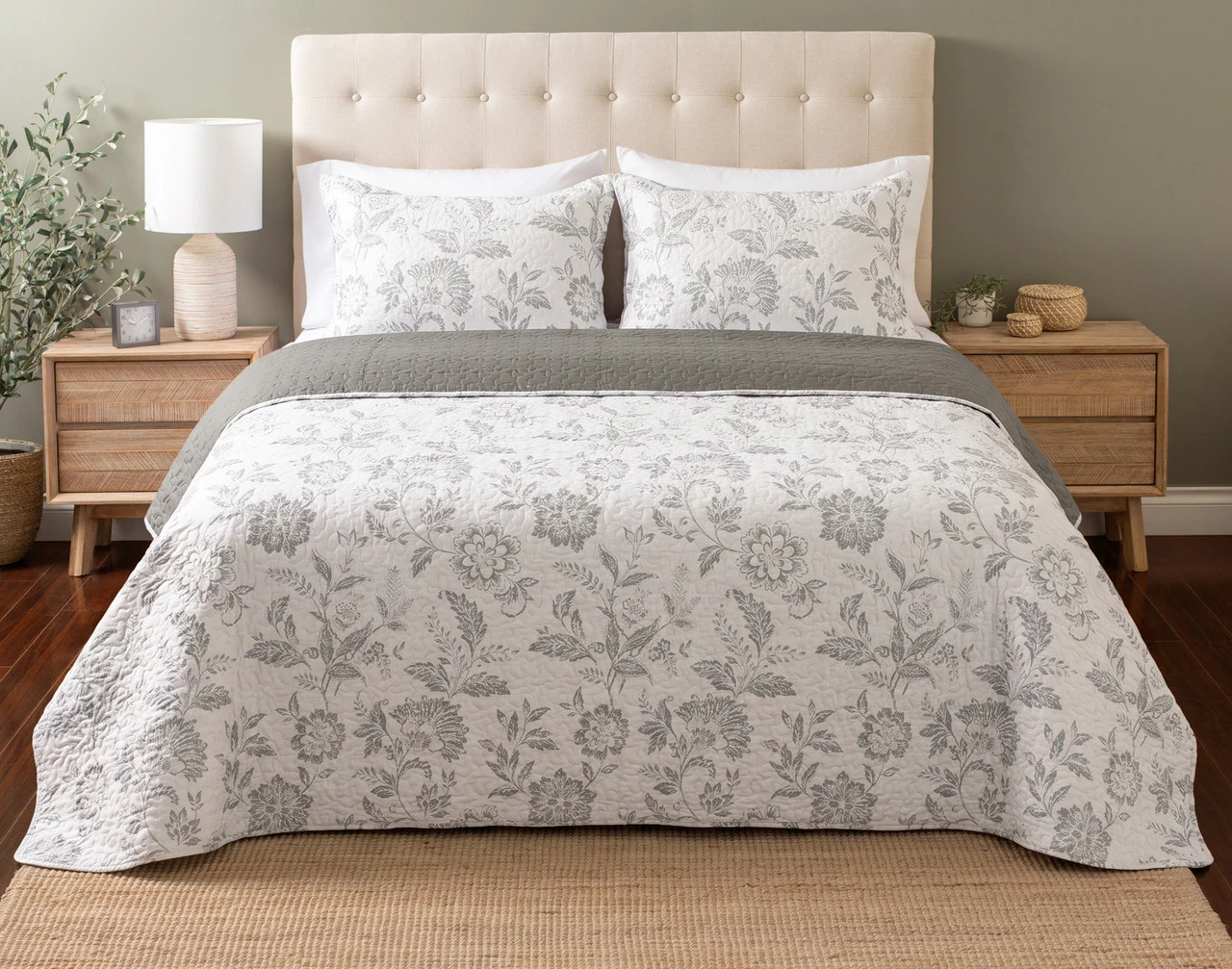 Front view of our Odette Coverlet Set dressed over an empty queen bed.