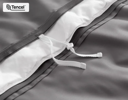 Close-up on the inner duvet ties at the edge of our Pewter BeechBliss Duvet Cover Set.