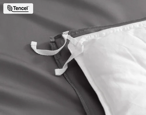 Close-up on the inner duvet ties at the corner of our Pewter BeechBliss Duvet Cover Set.